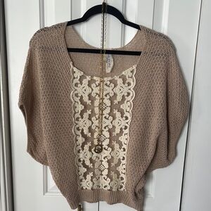 Free People Tan and Cream Lace Scoop Neck Sweater